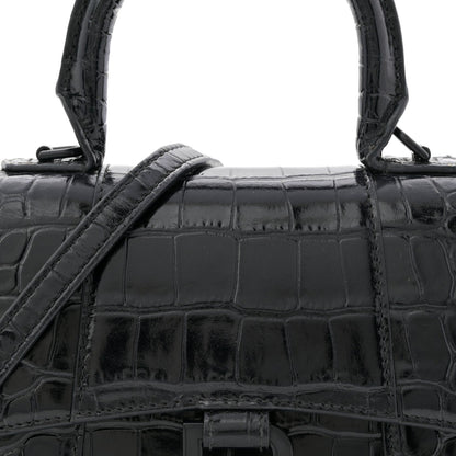 Shiny Calfskin Monochrome Crocodile Embossed Hourglass Top Handle Bag XS Black