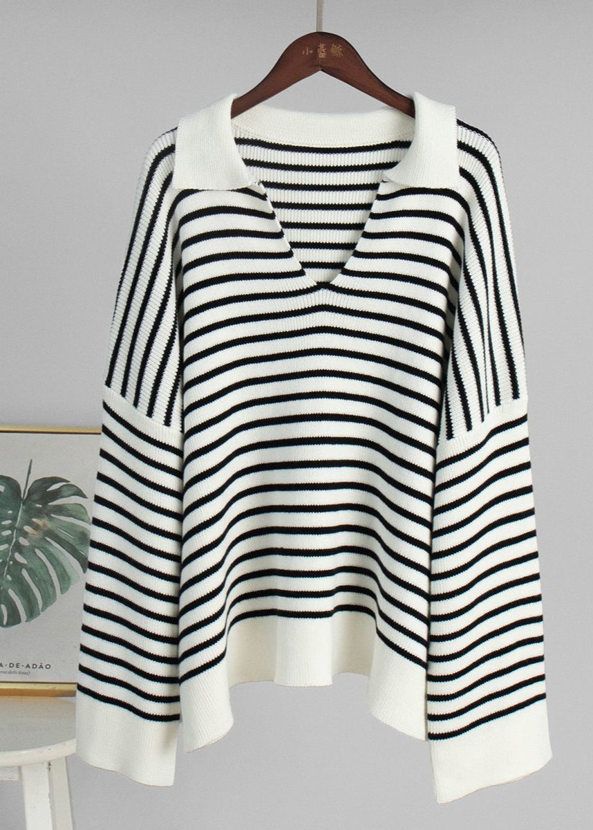 Striped V Neck Knit Sweater With Wide Sleeves