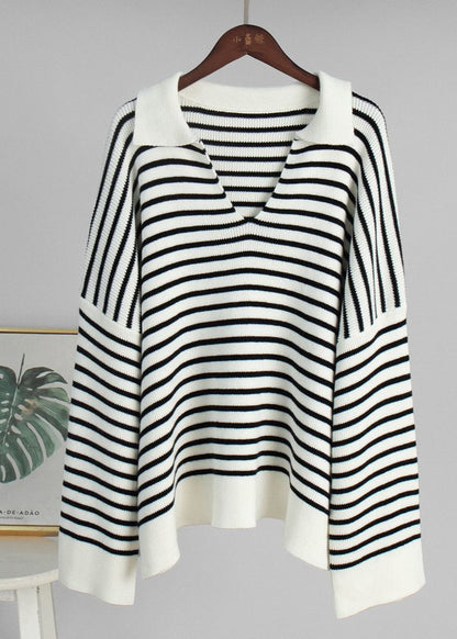 Striped V Neck Knit Sweater With Wide Sleeves