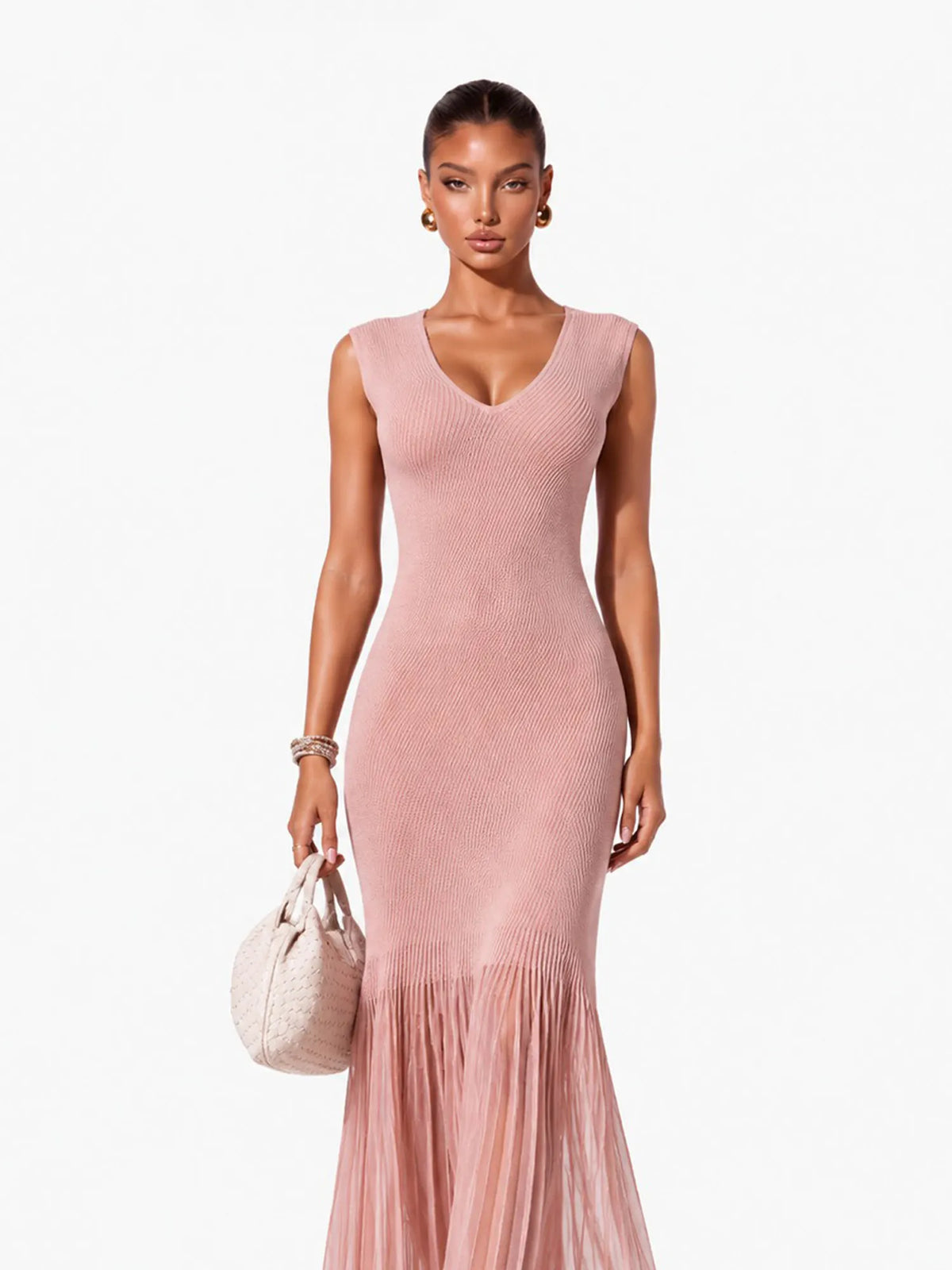 Marisol Elegant Cinched V Neck Sleeveless Knit Maxi Dress