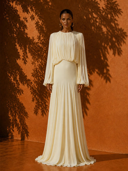 Keira Crew Neck Pleated Long-Sleeve Maxi Dress