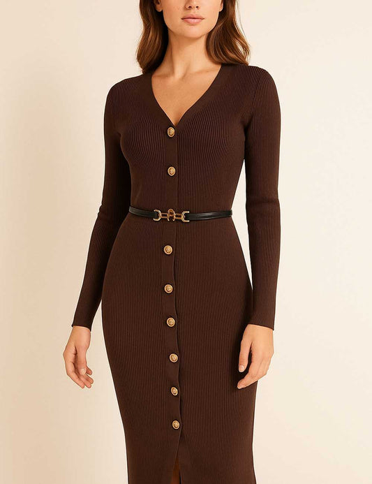 Fall V-Neck Long Sleeve Button Down Maxi Dress