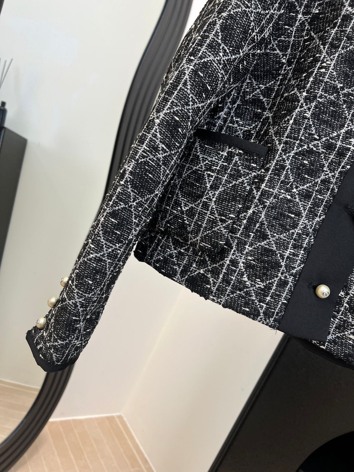 Dior 2025 Cannage Tweed Jacket with Pearl Buttons Black White Cotton