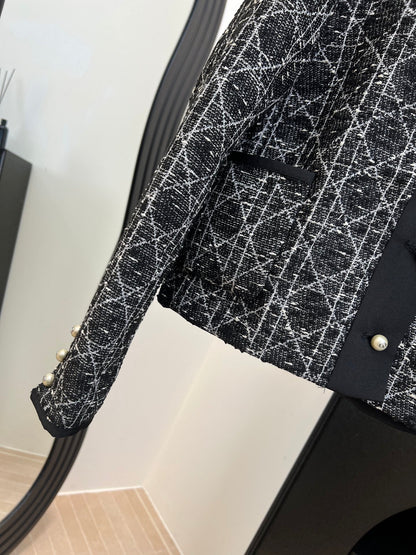 Dior 2025 Cannage Tweed Jacket with Pearl Buttons Black White Cotton