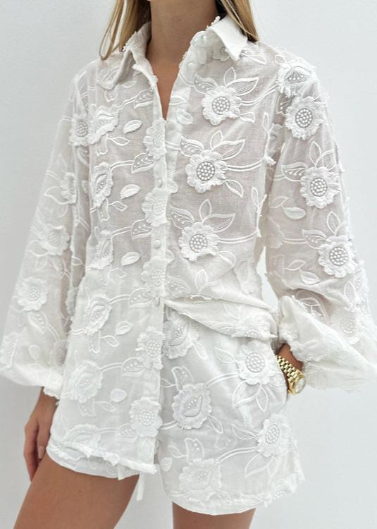 Sheer Embroidered Shirt And High Waist Shorts Set