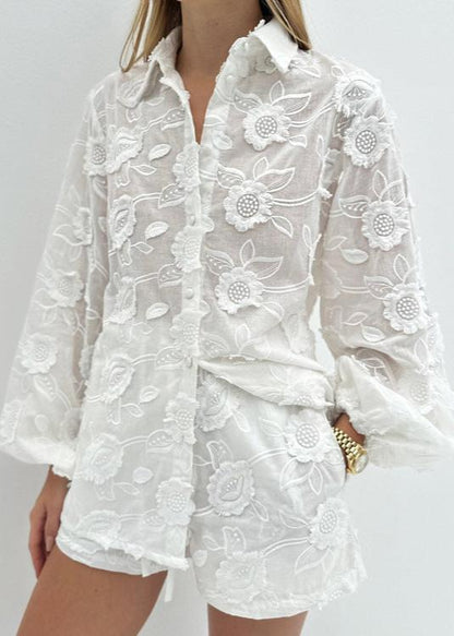 Sheer Embroidered Shirt And High Waist Shorts Set