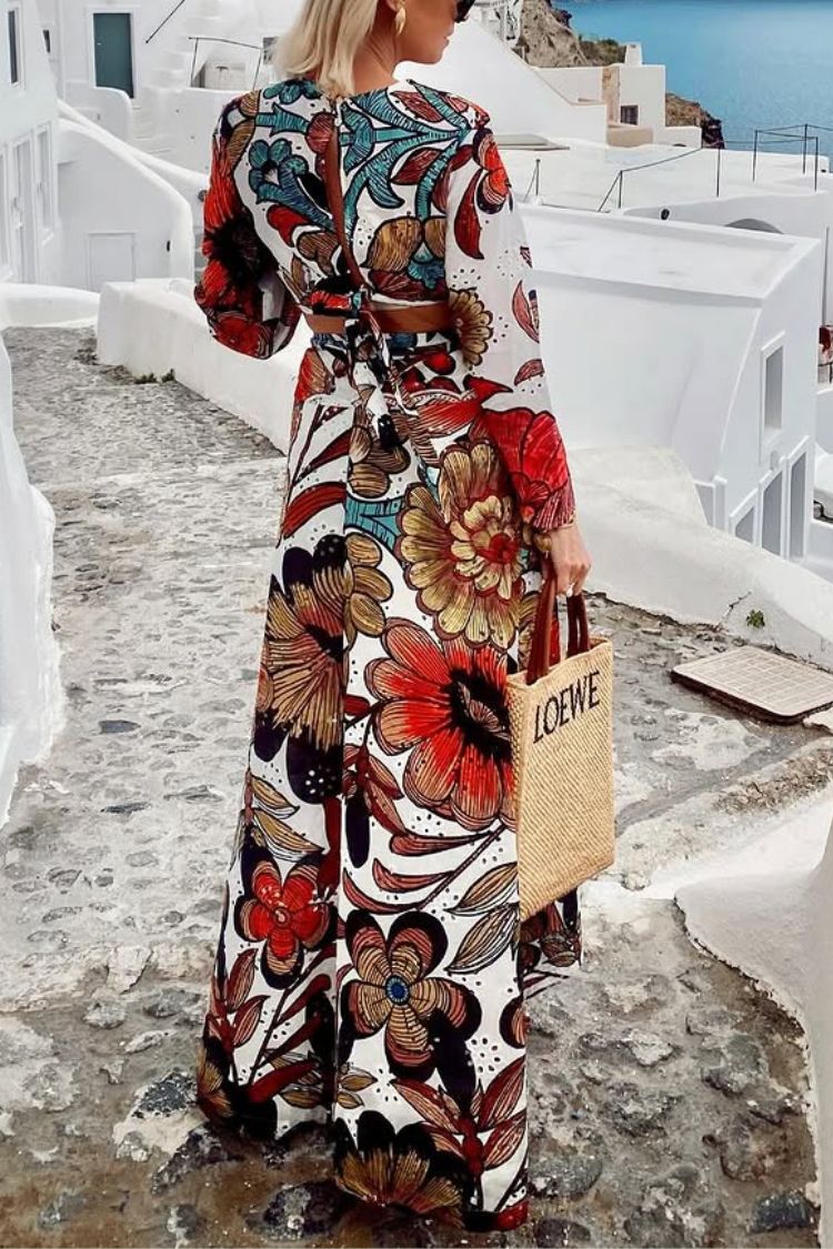 Vacay Mode Hollow Lace Unique Print Bell Sleeve Crop Top and Tie-up Maxi Skirt Set