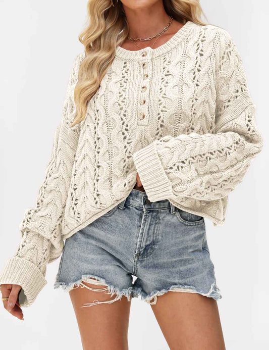 Cable Knit Round Neck Button Pullover Sweater