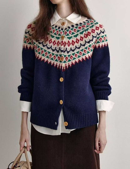 Vintage Jacquard Crew Neck Knit Cardigan