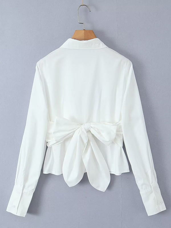Solid Color Bowknot Buttoned All-Match Long Sleeves Lapel Collar Blouses