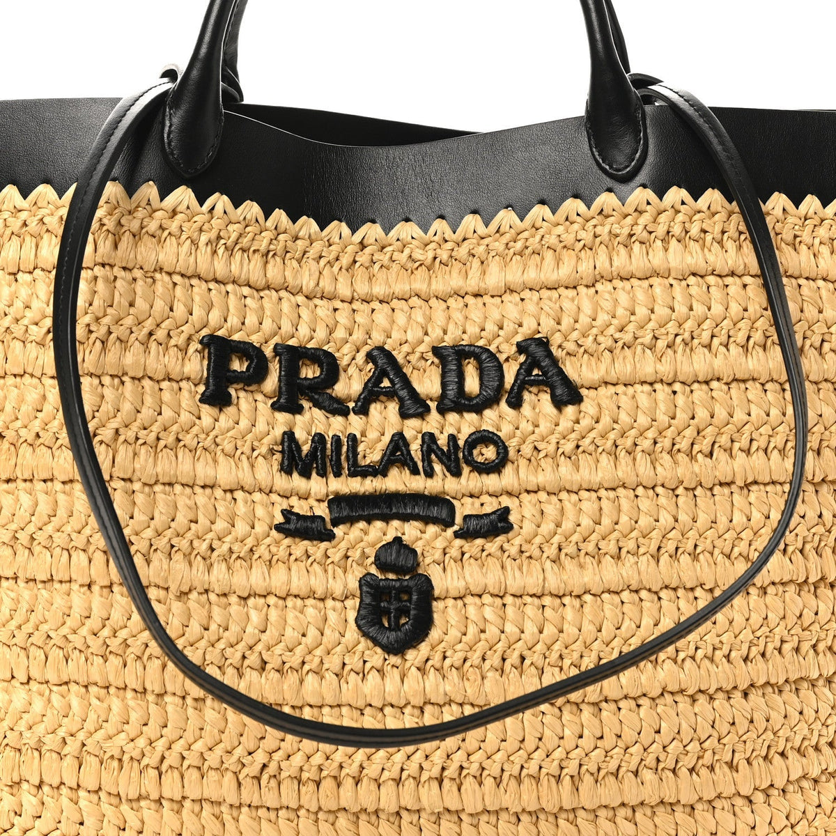 Yarn Raffia Effect Calfskin Crochet Embroidered Medium Logo Tote Tan Black