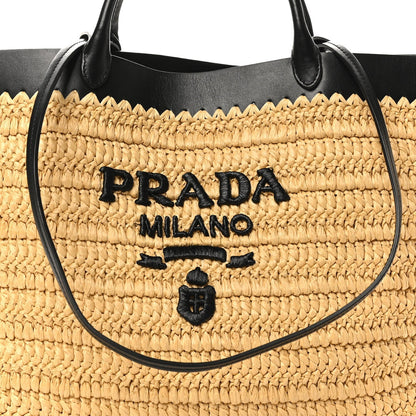 Yarn Raffia Effect Calfskin Crochet Embroidered Medium Logo Tote Tan Black