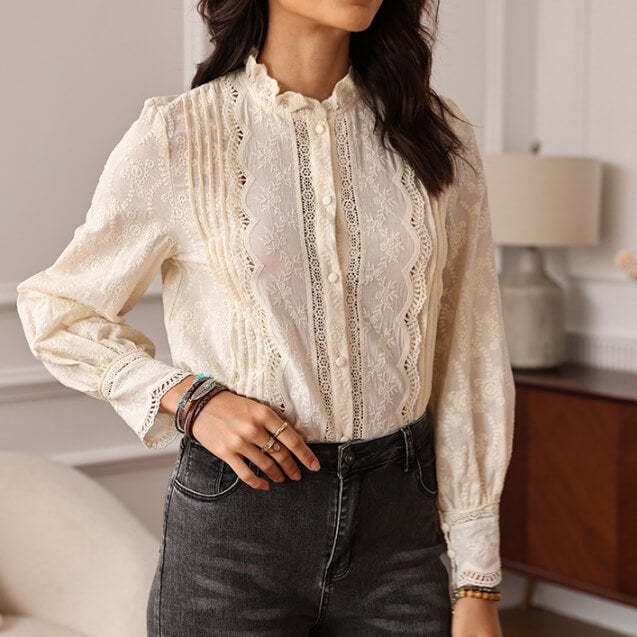 Embroidered Lace Ruffled Button Down Shirt