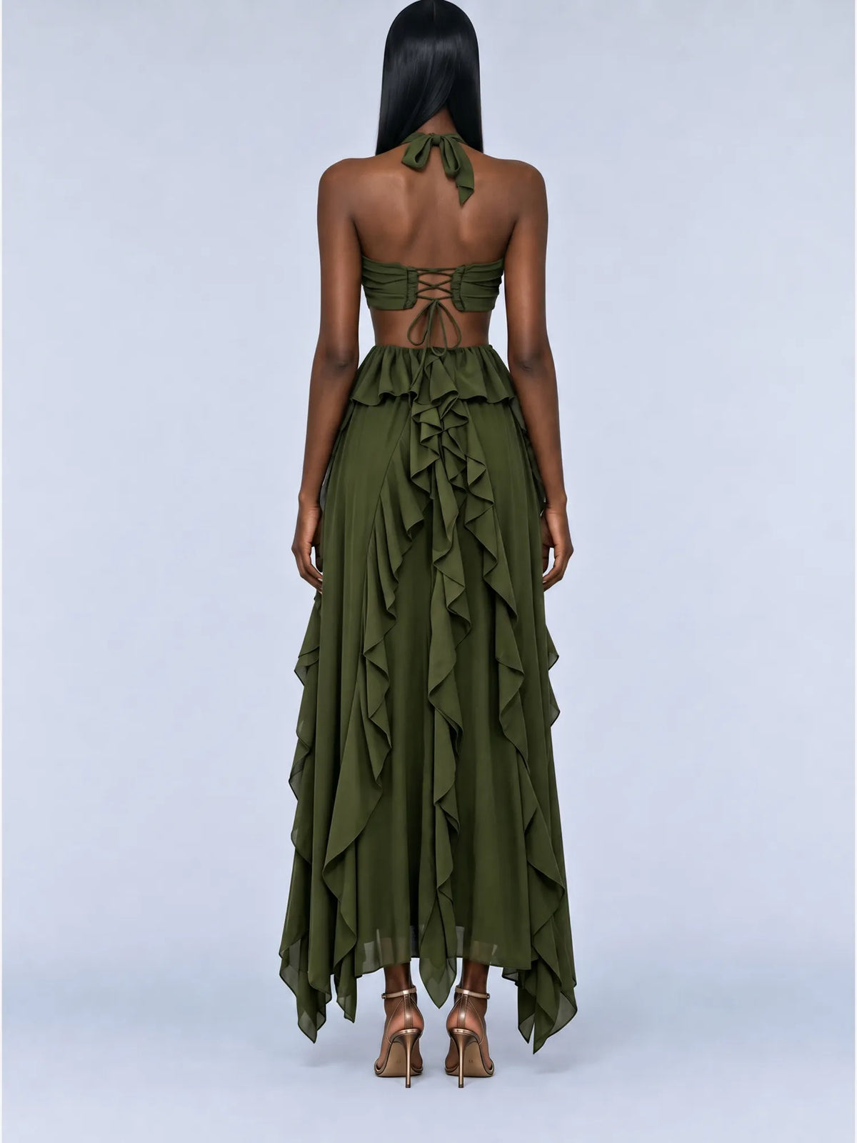 Solange Halter-Neck Ruffled Backless Maxi Dress