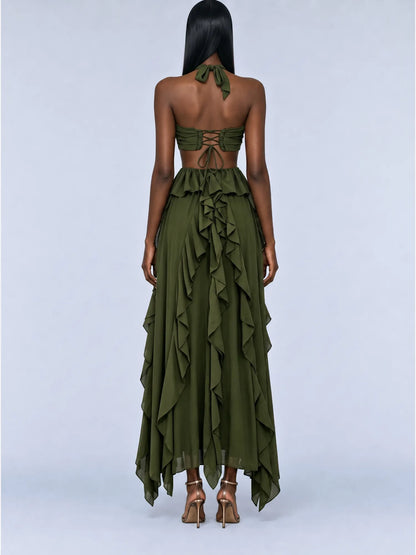 Solange Halter-Neck Ruffled Backless Maxi Dress