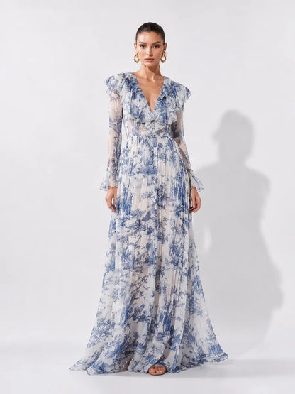 Vanessa Palace-Print Chiffon Long-Sleeve Maxi Dress