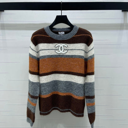 Chanel 2025 Striped Pullover Long-sleeved Sweater Brown Wool Cashmere 319607