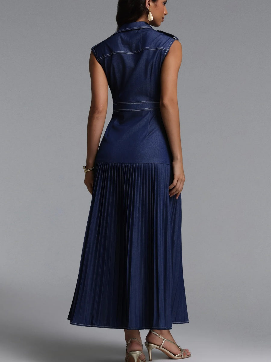 Brianna Denim Utility Pleated Midi Dress