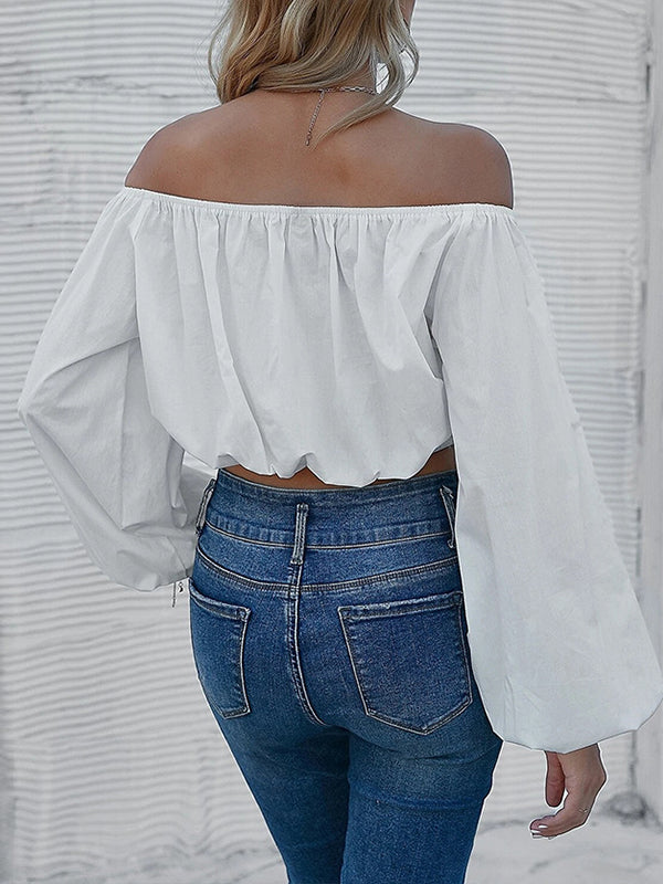 Long Sleeves Loose Elasticity Pleated Solid Color Off-The-Shoulder T-Shirts