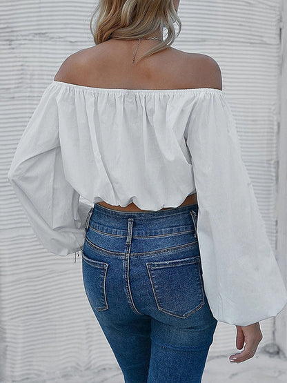 Long Sleeves Loose Elasticity Pleated Solid Color Off-The-Shoulder T-Shirts