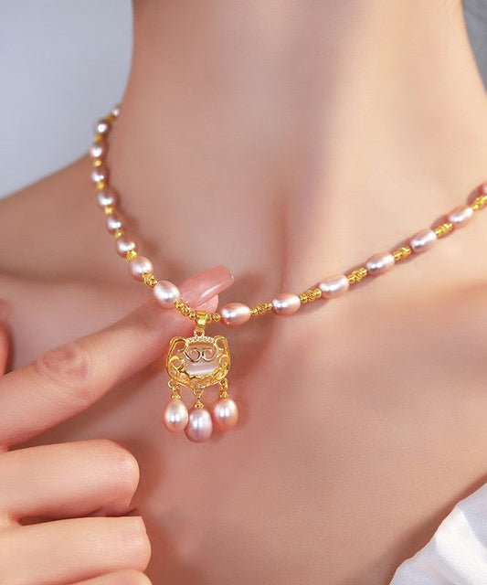 Fashion Light Purple Sterling Silver Overgild Pearl Safe Lock Pendant Necklace