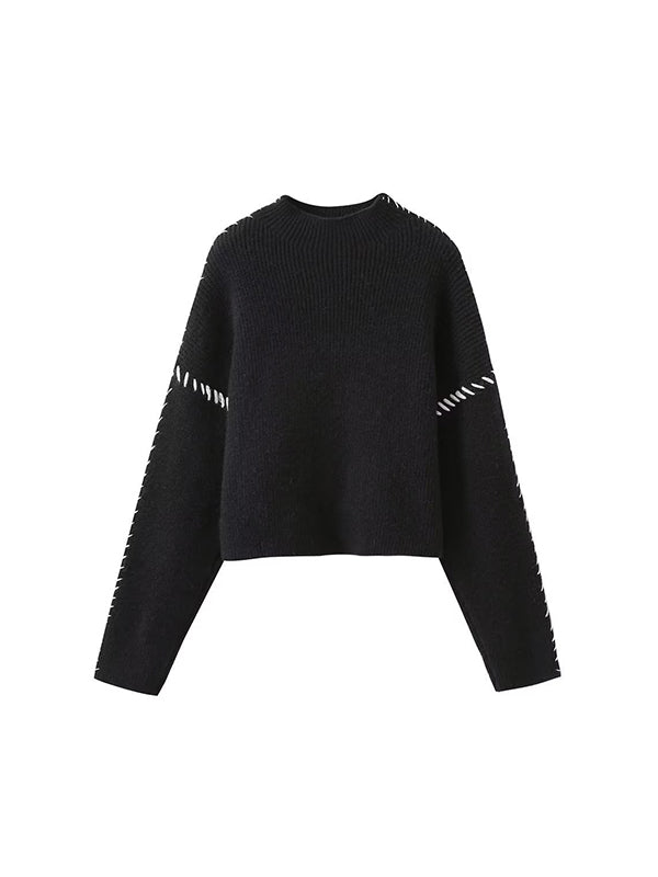 Contrast Color Loose Look-Younger Round-Neck Sweater