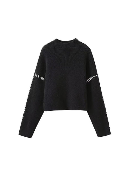 Contrast Color Loose Look-Younger Round-Neck Sweater