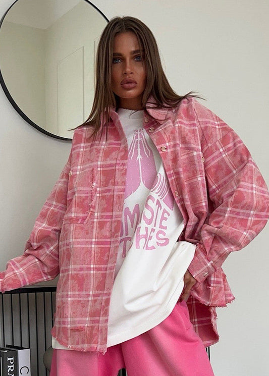 Oversized Cotton Polyester Plaid Shirt With Distressing
