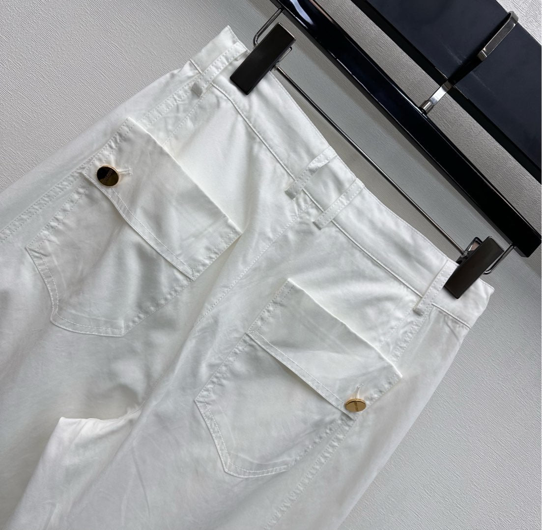 Miu Track Pants White Cotton Tencel Fabric 350246