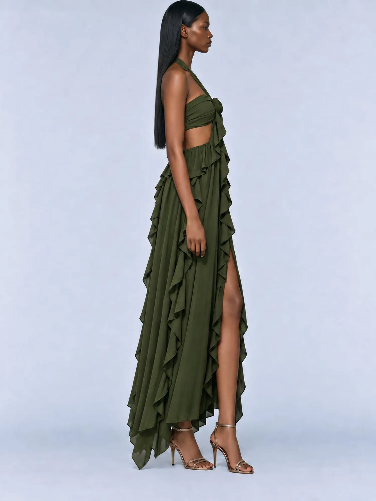 Solange Halter-Neck Ruffled Backless Maxi Dress