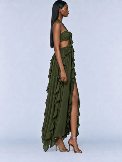 Solange Halter-Neck Ruffled Backless Maxi Dress