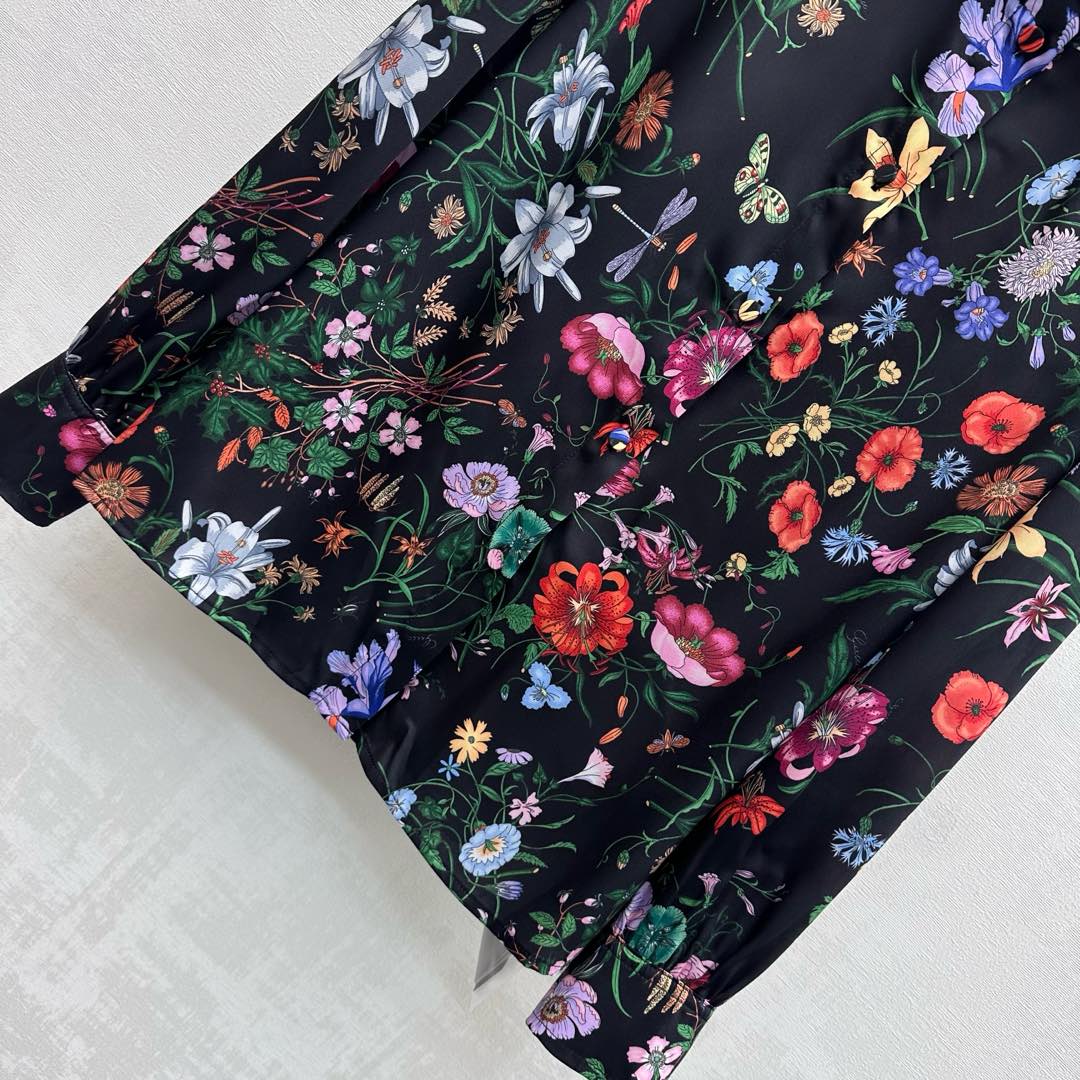 GG SS26 Flora Printed Collared Shirt Black Multicolor Silk 351779