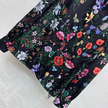 GG SS26 Flora Printed Collared Shirt Black Multicolor Silk 351779
