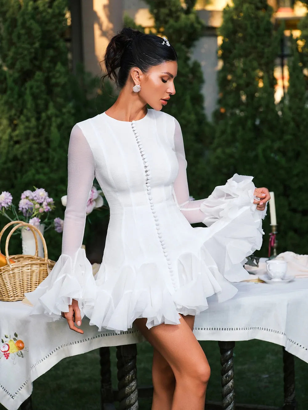 Edsel Flare Sleeve Button Mini Dress