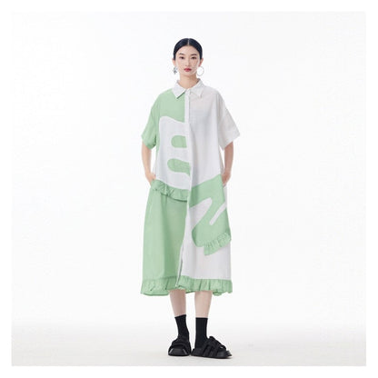 Color Block Polo Collar Flounce Sleeveless A-Line Dress