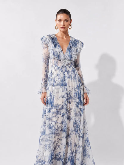 Vanessa Palace-Print Chiffon Long-Sleeve Maxi Dress