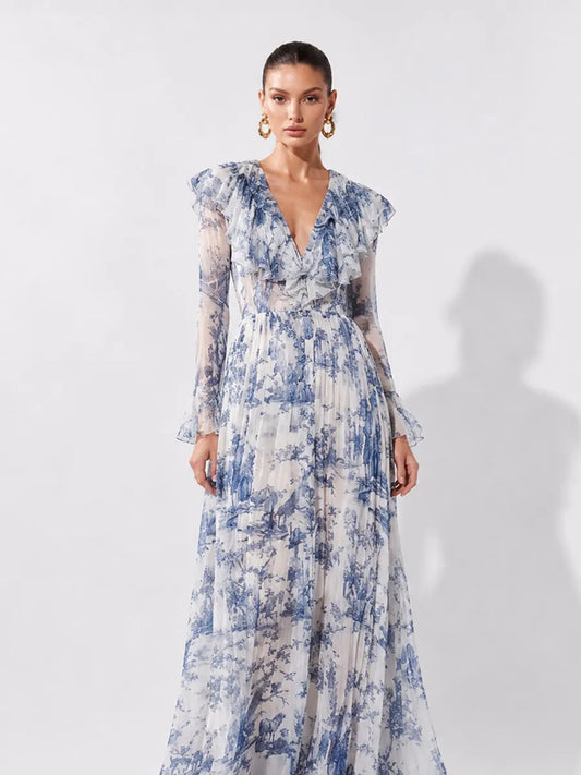 Vanessa Palace-Print Chiffon Long-Sleeve Maxi Dress