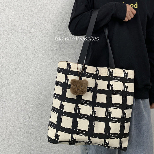 Simple Artistic Plaid Zipper Canvas Bag