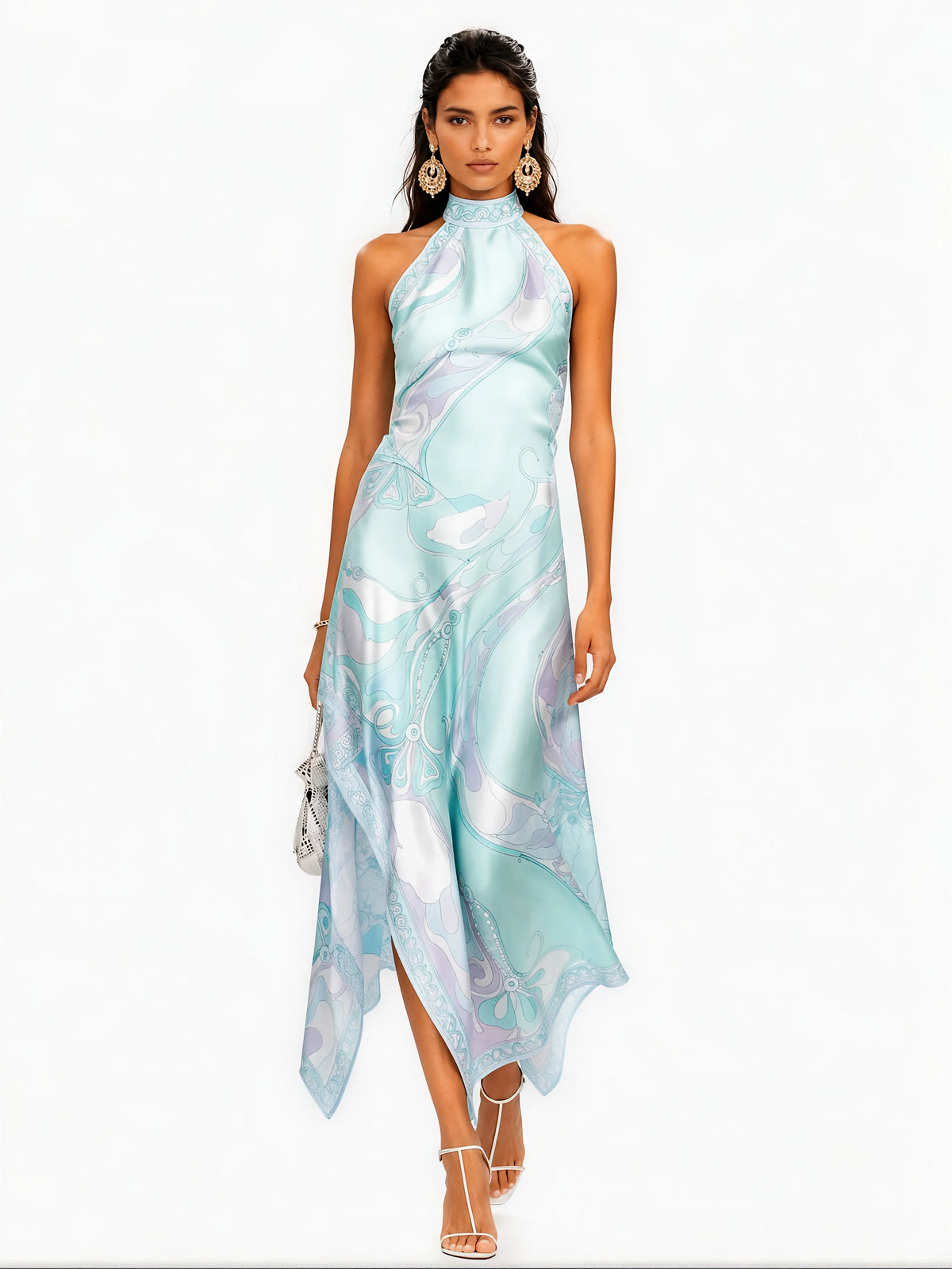 Elodie Printed Satin Halter Maxi Skirt Set