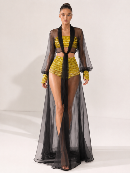 Celestia Rhinestone Sheer Mesh Three-Piece Set