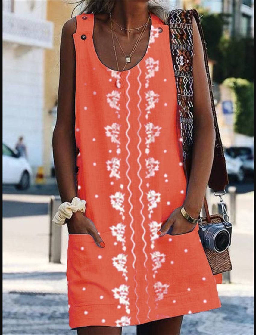 Printed Strap Patch Pocket Short Sleeve Dress For Women