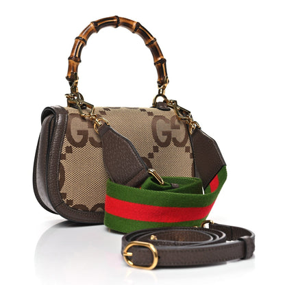 Monogram Jumbo GG Textured Dollar Calfskin Web Small Bamboo 1947 Top Handle Bag Camel Ebony New Acero
