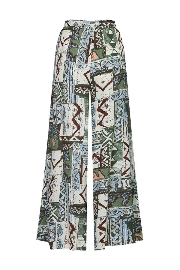 Terrace View Off Shoulder Tie Loose Top and Elastic Waist Unique Print Loose Pants Set