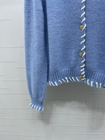 CC 26s Crochet-Trimmed Crew Neck Cardigan Blue Knit 343630
