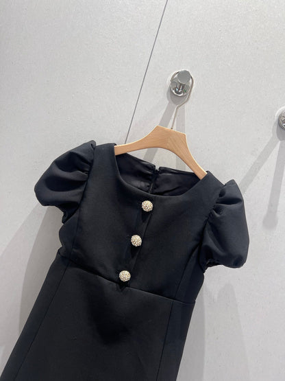 Celine 25 Rhinestone Button Mini Dress Black Wool 220842
