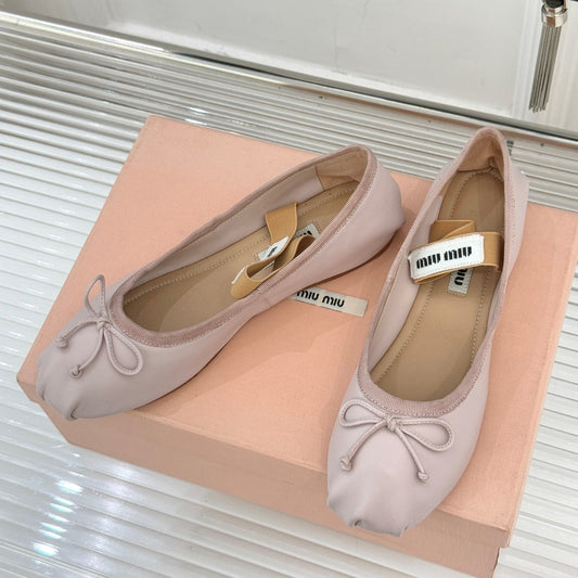 Miu Classic Bow Letter Ballet Flat Silver Pink Sheepskin 570998