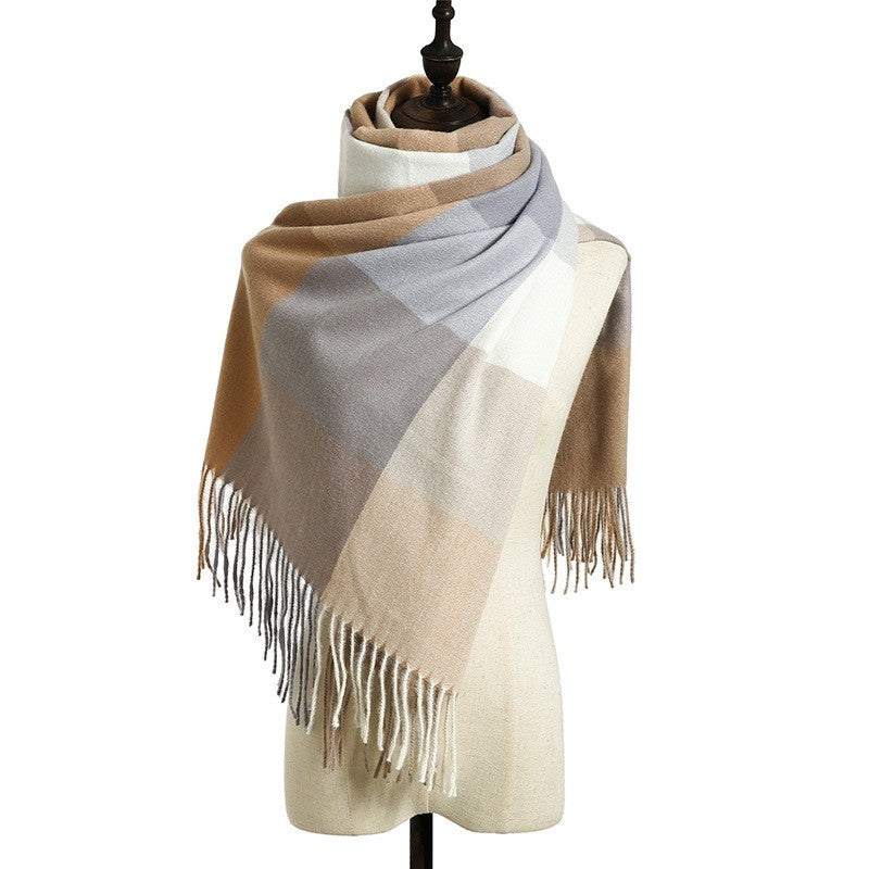 Plaid Print Striped Tasseled Shawl Scarf