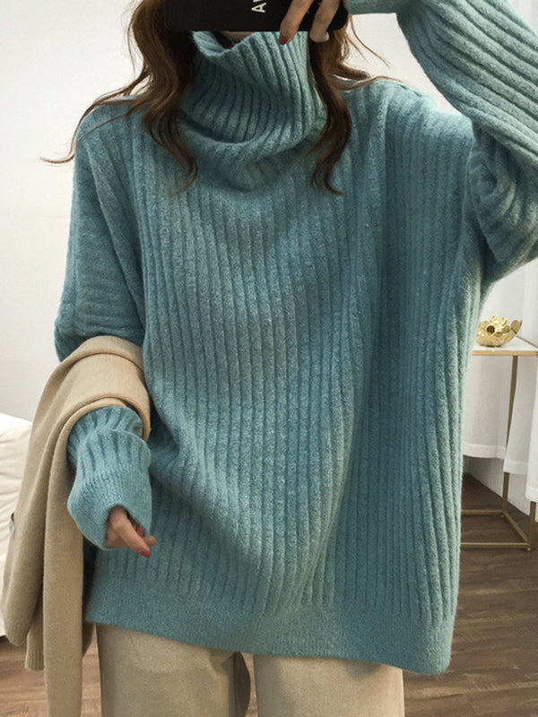 Casual Long Sleeves Loose Solid Color High-Neck Sweater Tops