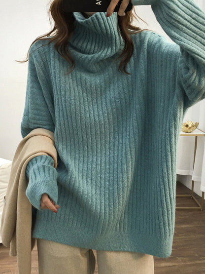 Casual Long Sleeves Loose Solid Color High-Neck Sweater Tops