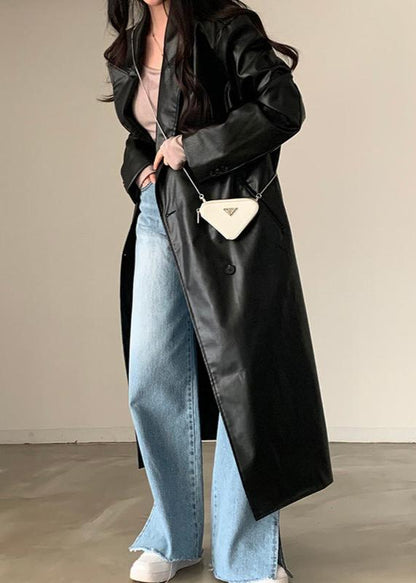 Black PU Leather Trench Coat Double Breasted Style